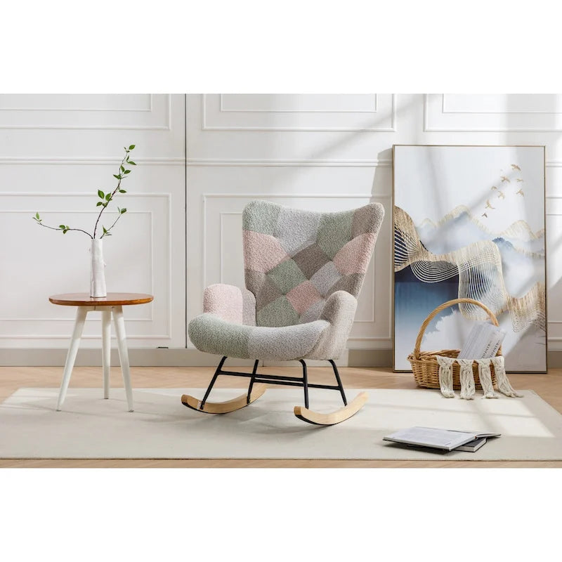 Fauteuil à bascule tapissé patchwork – Multicolore / Vert / Rose / Bleu antique – Siège unique