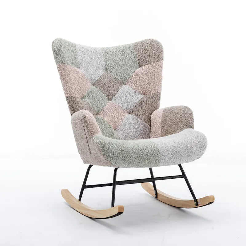 Fauteuil à bascule tapissé patchwork – Multicolore / Vert / Rose / Bleu antique – Siège unique