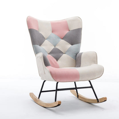 Fauteuil à bascule tapissé patchwork – Multicolore / Vert / Rose / Bleu antique – Siège unique