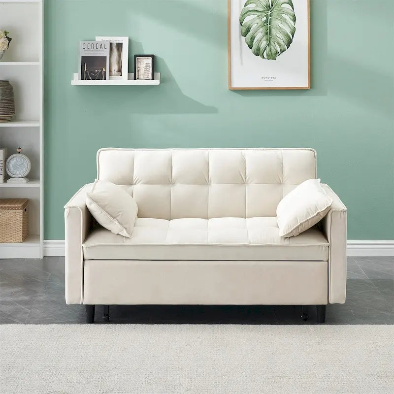 Causeuse en velours avec dossier inclinable, coussins décoratifs et poches latérales – Beige / Noir / Rose / Gris, 2 places