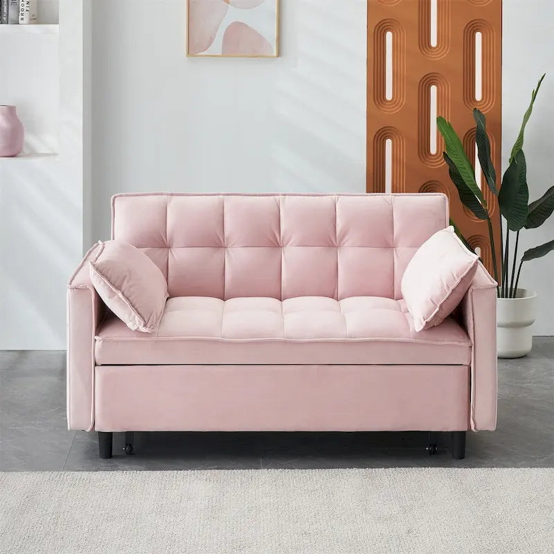 Causeuse en velours avec dossier inclinable, coussins décoratifs et poches latérales – Beige / Noir / Rose / Gris, 2 places