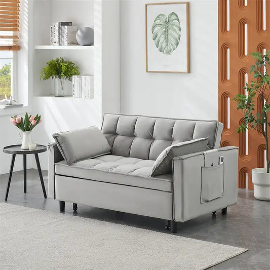 Causeuse en velours avec dossier inclinable, coussins décoratifs et poches latérales – Beige / Noir / Rose / Gris, 2 places