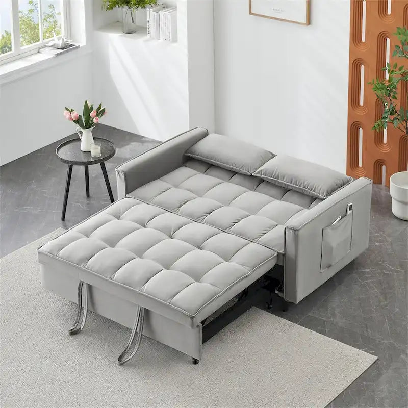 Causeuse en velours avec dossier inclinable, coussins décoratifs et poches latérales – Beige / Noir / Rose / Gris, 2 places