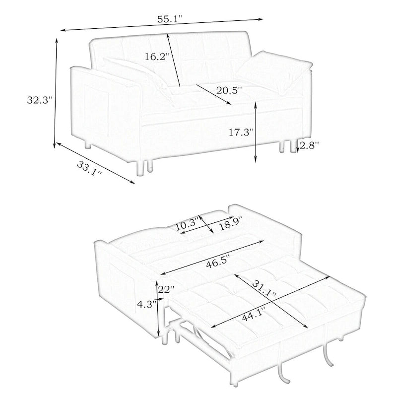 Causeuse en velours avec dossier inclinable, coussins décoratifs et poches latérales – Beige / Noir / Rose / Gris, 2 places