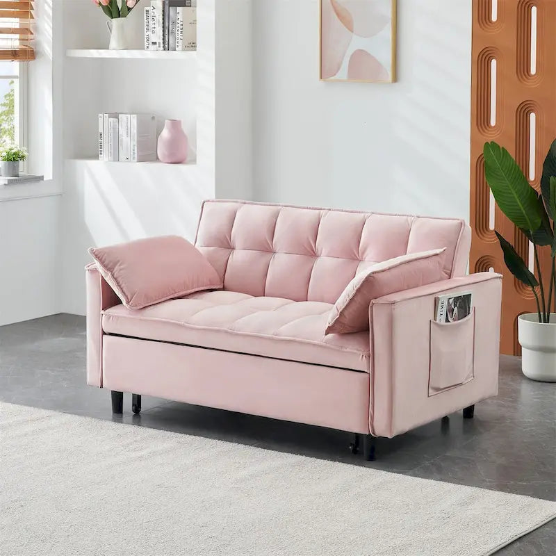 Causeuse en velours avec dossier inclinable, coussins décoratifs et poches latérales – Beige / Noir / Rose / Gris, 2 places
