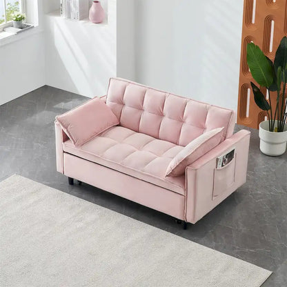 Causeuse en velours avec dossier inclinable, coussins décoratifs et poches latérales – Beige / Noir / Rose / Gris, 2 places