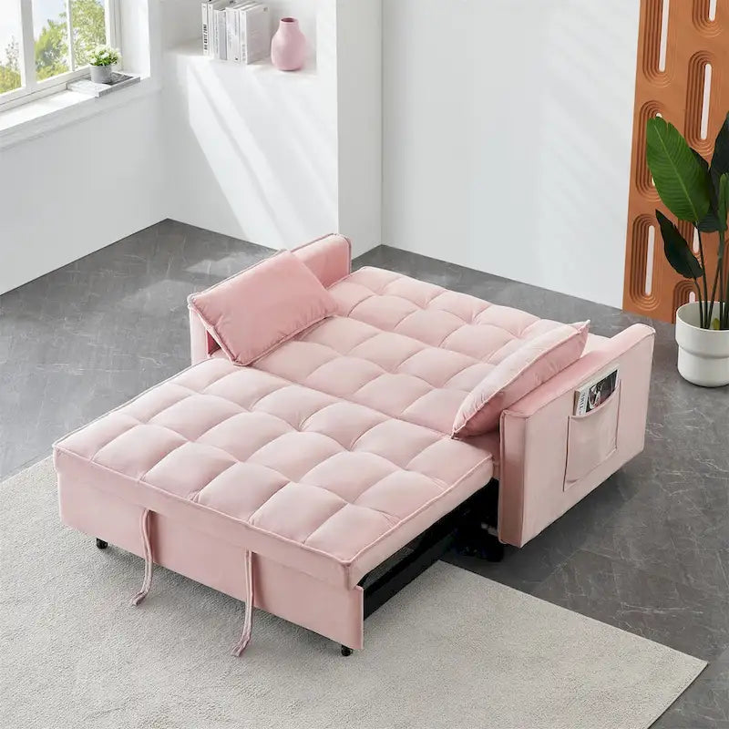 Causeuse en velours avec dossier inclinable, coussins décoratifs et poches latérales – Beige / Noir / Rose / Gris, 2 places