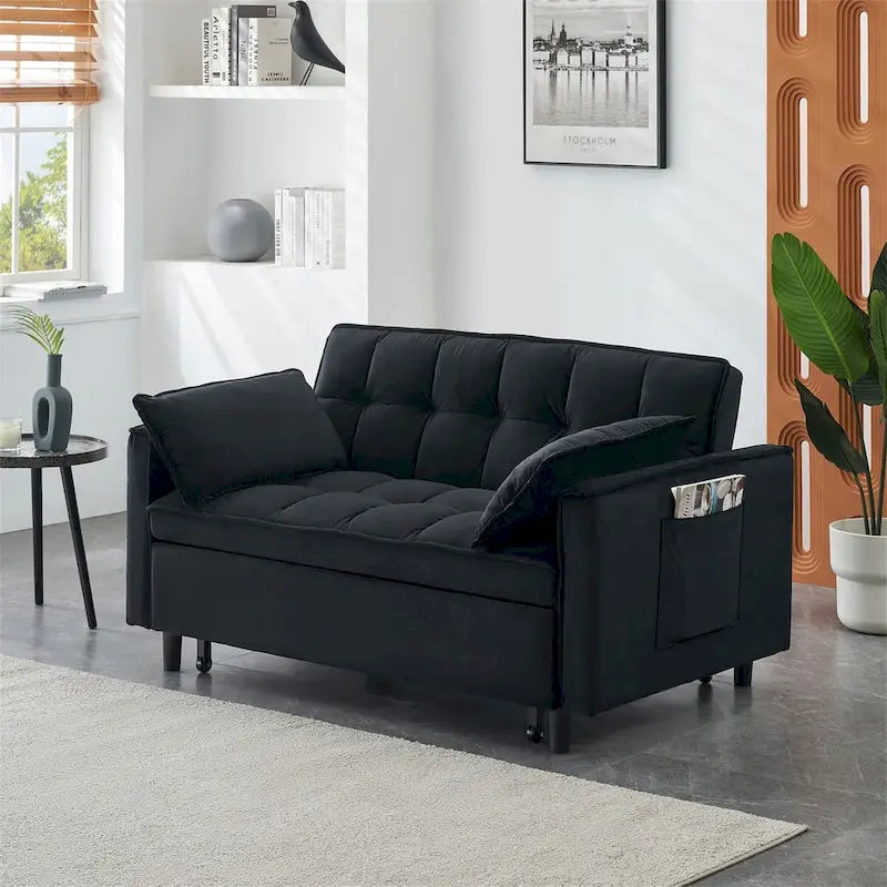Causeuse en velours avec dossier inclinable, coussins décoratifs et poches latérales – Beige / Noir / Rose / Gris, 2 places