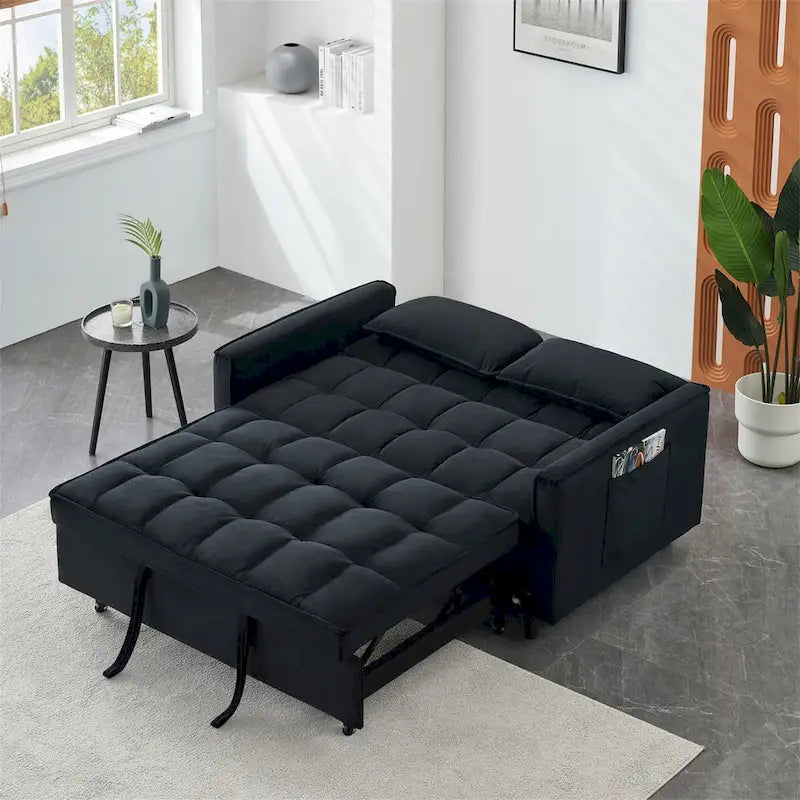 Causeuse en velours avec dossier inclinable, coussins décoratifs et poches latérales – Beige / Noir / Rose / Gris, 2 places