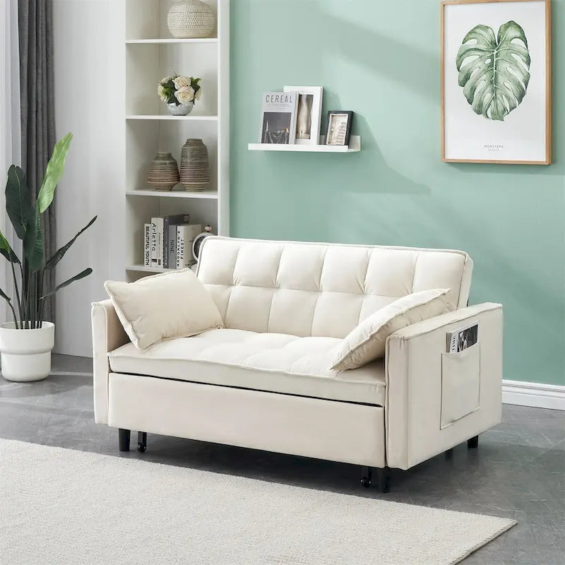 Causeuse en velours avec dossier inclinable, coussins décoratifs et poches latérales – Beige / Noir / Rose / Gris, 2 places