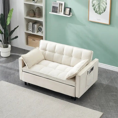 Causeuse en velours avec dossier inclinable, coussins décoratifs et poches latérales – Beige / Noir / Rose / Gris, 2 places