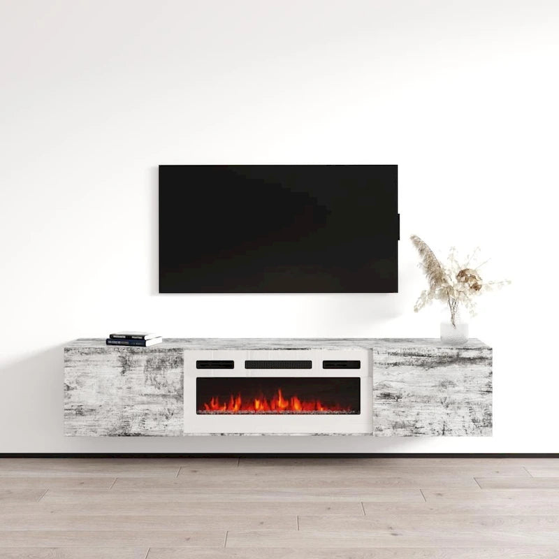 Meuble TV flottant multicolore avec cheminée, convient aux téléviseurs jusqu'à 80 pouces, utilisation par 1 personne