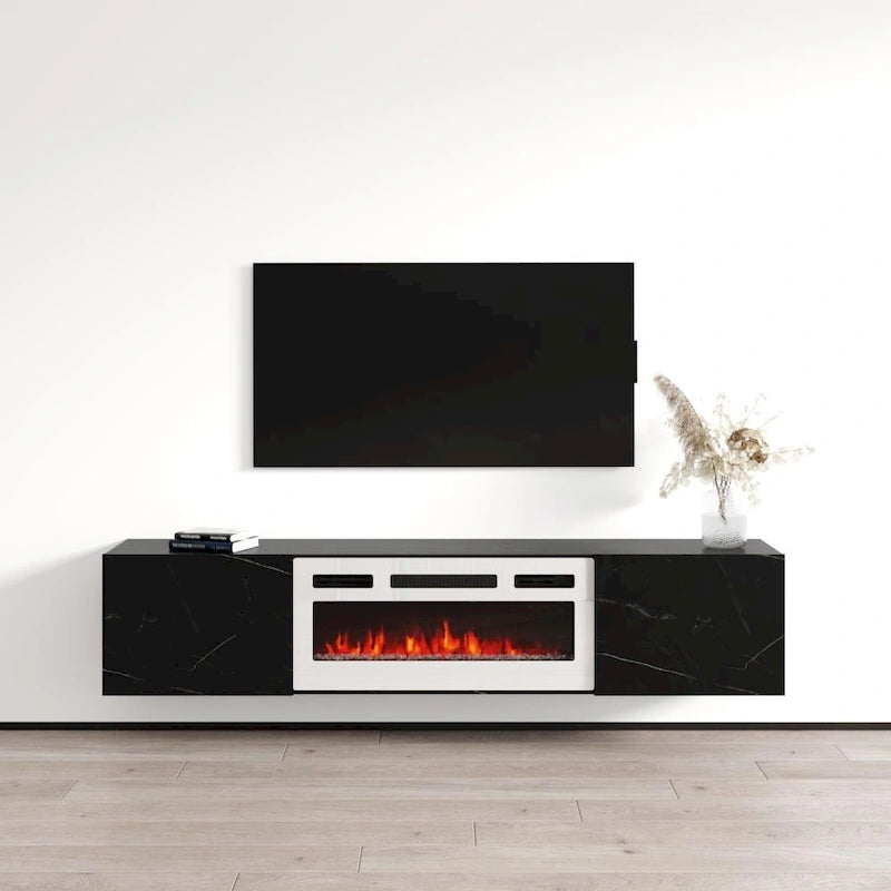 Meuble TV flottant multicolore avec cheminée, convient aux téléviseurs jusqu'à 80 pouces, utilisation par 1 personne