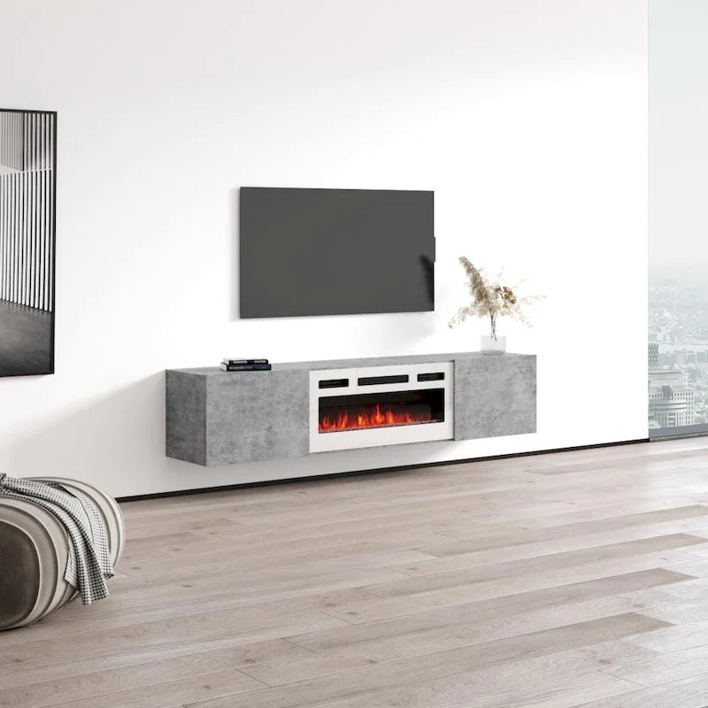Meuble TV flottant multicolore avec cheminée, convient aux téléviseurs jusqu'à 80 pouces, utilisation par 1 personne