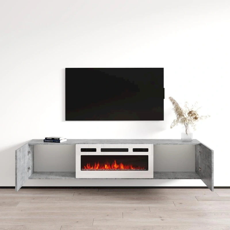 Meuble TV flottant multicolore avec cheminée, convient aux téléviseurs jusqu'à 80 pouces, utilisation par 1 personne