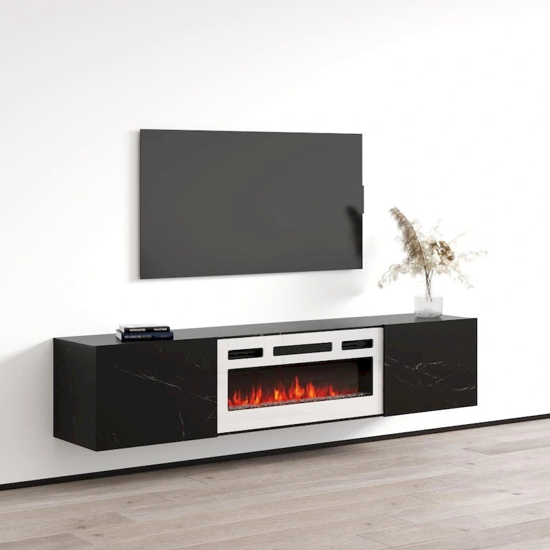 Meuble TV flottant multicolore avec cheminée, convient aux téléviseurs jusqu'à 80 pouces, utilisation par 1 personne