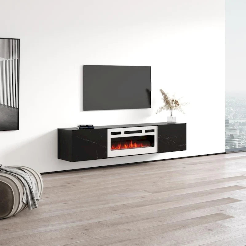 Meuble TV flottant multicolore avec cheminée, convient aux téléviseurs jusqu'à 80 pouces, utilisation par 1 personne