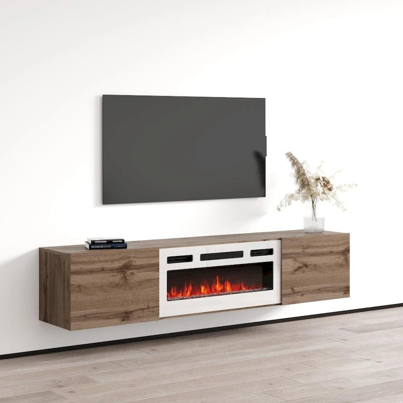 Meuble TV flottant multicolore avec cheminée, convient aux téléviseurs jusqu'à 80 pouces, utilisation par 1 personne