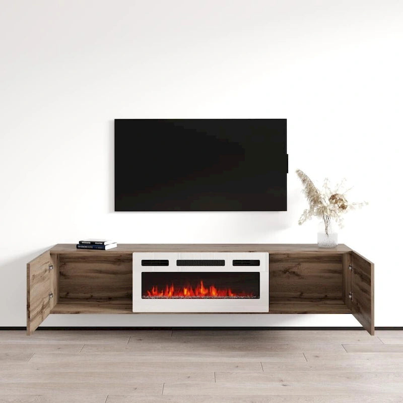Meuble TV flottant multicolore avec cheminée, convient aux téléviseurs jusqu'à 80 pouces, utilisation par 1 personne