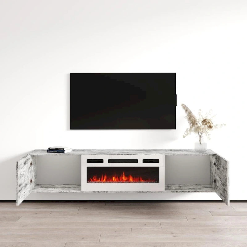 Meuble TV flottant multicolore avec cheminée, convient aux téléviseurs jusqu'à 80 pouces, utilisation par 1 personne