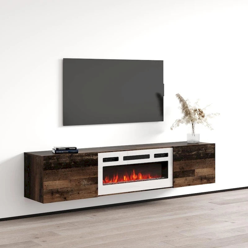 Meuble TV flottant multicolore avec cheminée, convient aux téléviseurs jusqu'à 80 pouces, utilisation par 1 personne
