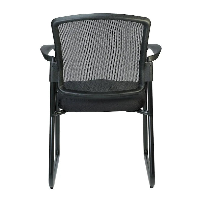 Chaise visiteur à dossier en maille noire, avec piétement luge et accoudoirs, lot de 2