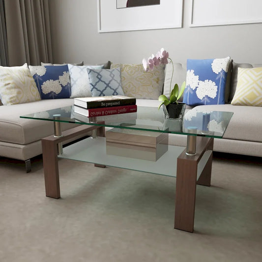 Table basse rectangulaire avec plateau en verre, étagère en noyer et cadre en métal noir – Style moderne, utilisation dans un salon