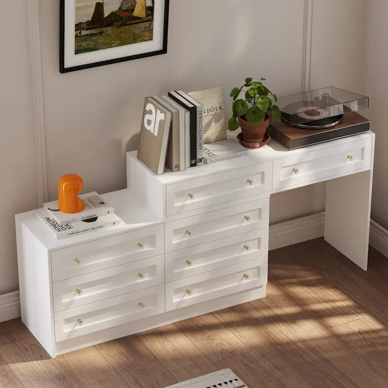 Commode et coiffeuse blanches avec poignées en cristal, pour une personne