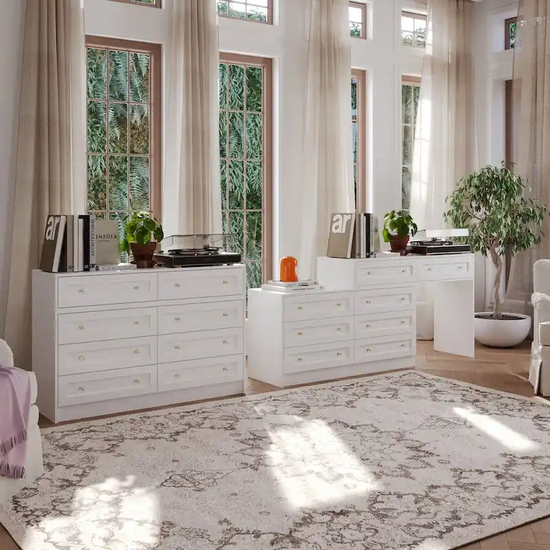 Commode et coiffeuse blanches avec poignées en cristal, pour une personne