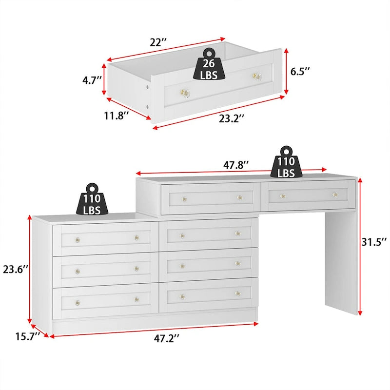 Commode et coiffeuse blanches avec poignées en cristal, pour une personne