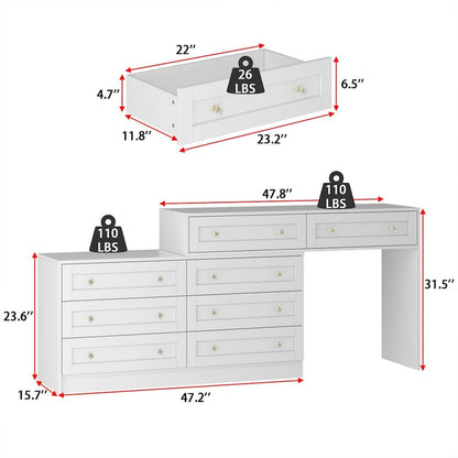 Commode et coiffeuse blanches avec poignées en cristal, pour une personne