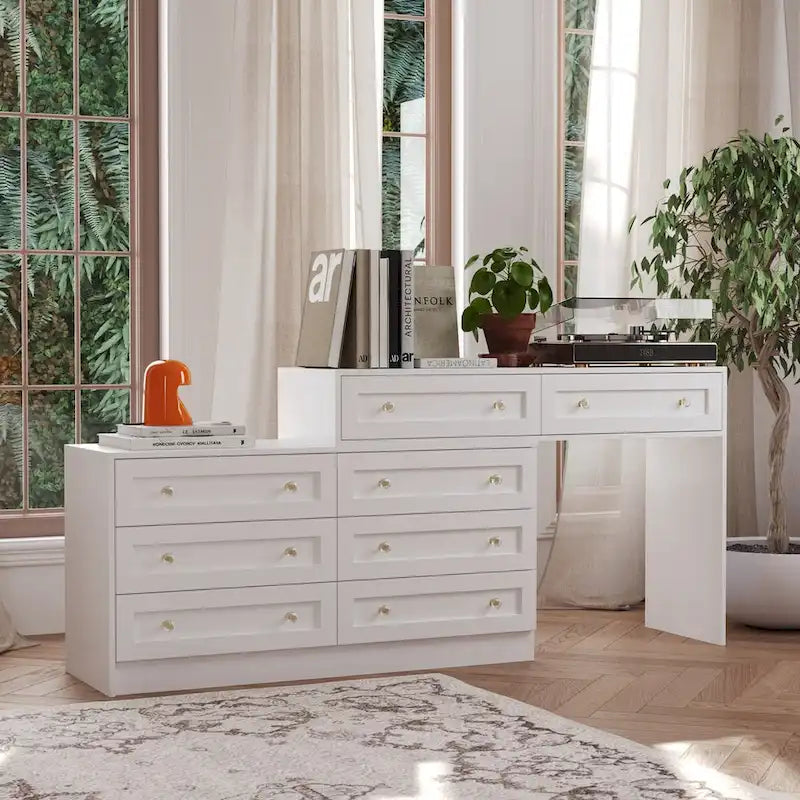 Commode et coiffeuse blanches avec poignées en cristal, pour une personne