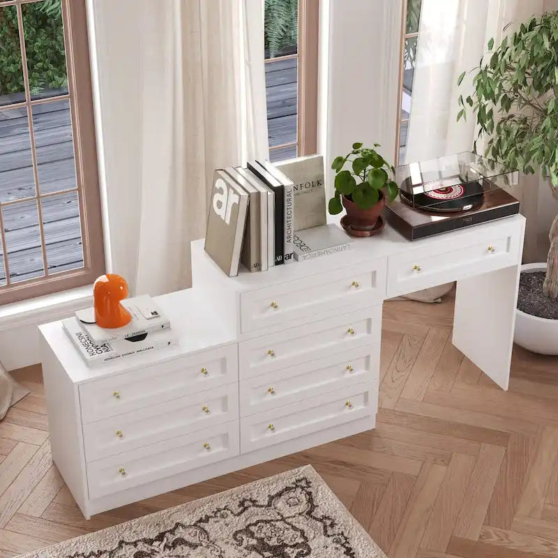 Commode et coiffeuse blanches avec poignées en cristal, pour une personne