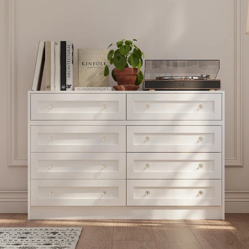 Commode et coiffeuse blanches avec poignées en cristal, pour une personne