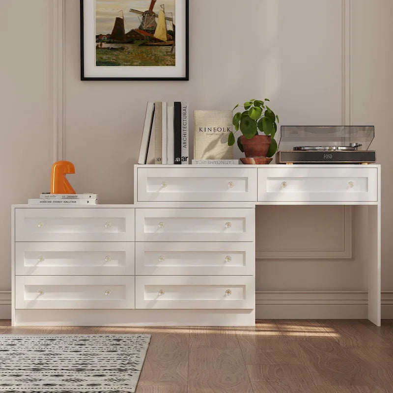 Commode et coiffeuse blanches avec poignées en cristal, pour une personne