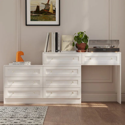 Commode et coiffeuse blanches avec poignées en cristal, pour une personne