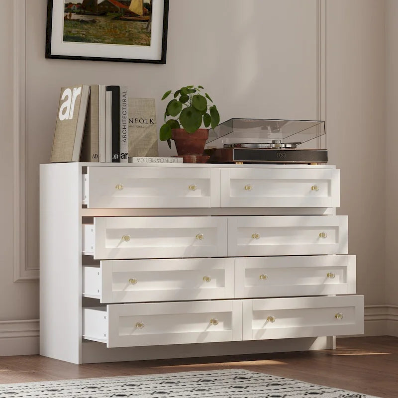 Commode et coiffeuse blanches avec poignées en cristal, pour une personne