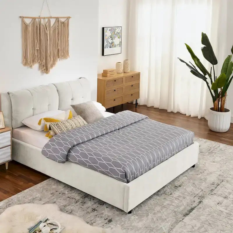 Lit plateforme capitonné Queen avec rangement et tête de lit – Beige/Gris, 2 personnes