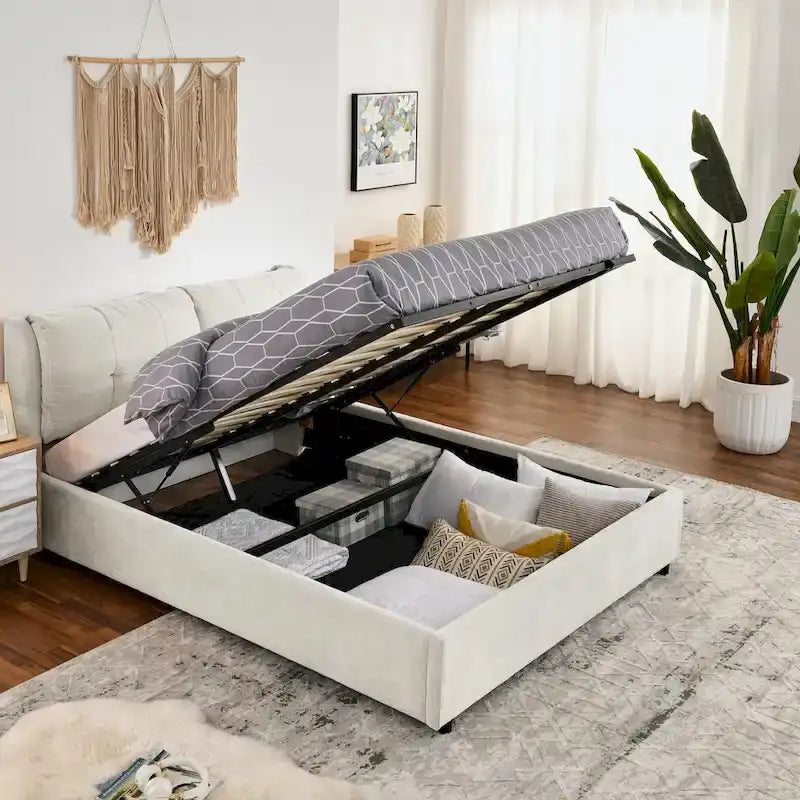 Lit plateforme capitonné Queen avec rangement et tête de lit – Beige/Gris, 2 personnes