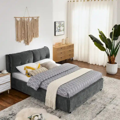 Lit plateforme capitonné Queen avec rangement et tête de lit – Beige/Gris, 2 personnes