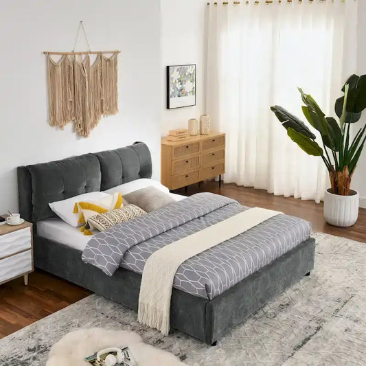 Lit plateforme capitonné Queen avec rangement et tête de lit – Beige/Gris, 2 personnes