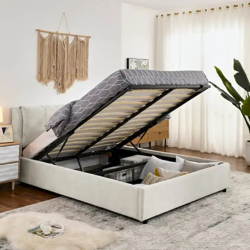 Lit plateforme capitonné Queen avec rangement et tête de lit – Beige/Gris, 2 personnes