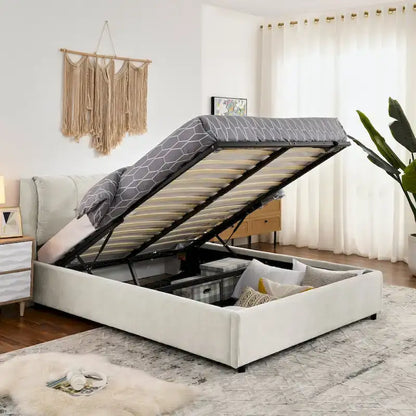 Lit plateforme capitonné Queen avec rangement et tête de lit – Beige/Gris, 2 personnes