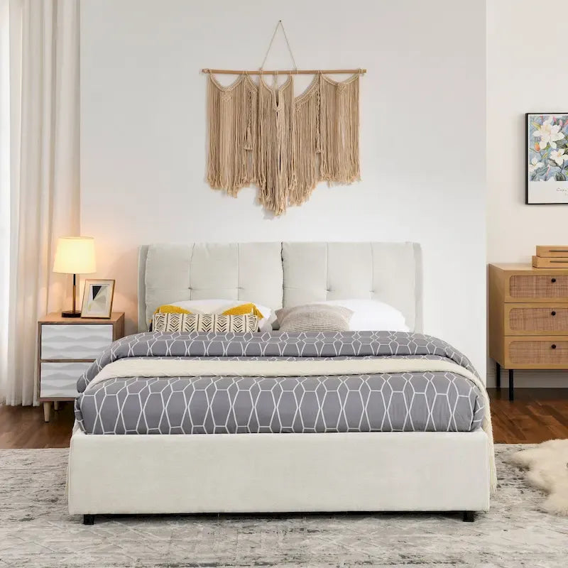 Lit plateforme capitonné Queen avec rangement et tête de lit – Beige/Gris, 2 personnes