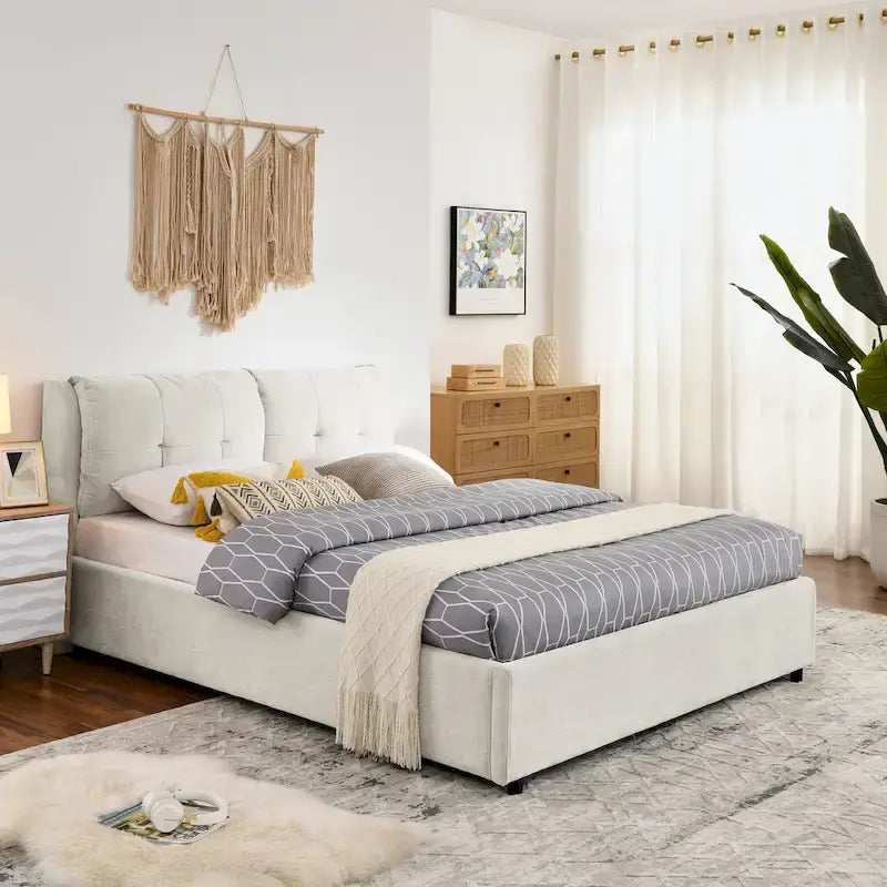 Lit plateforme capitonné Queen avec rangement et tête de lit – Beige/Gris, 2 personnes