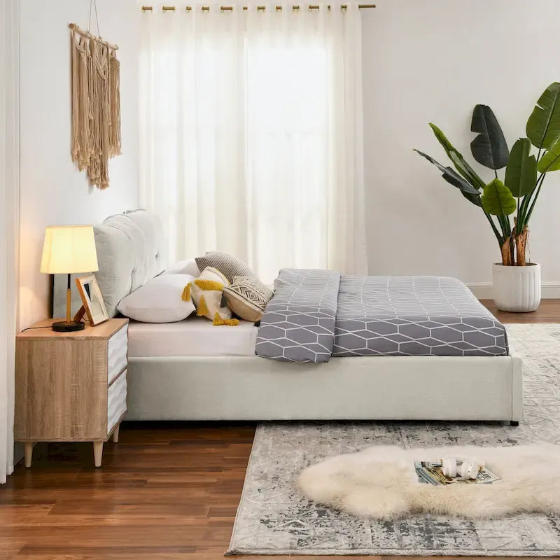 Lit plateforme capitonné Queen avec rangement et tête de lit – Beige/Gris, 2 personnes