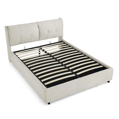 Lit plateforme capitonné Queen avec rangement et tête de lit – Beige/Gris, 2 personnes