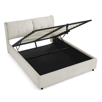 Lit plateforme capitonné Queen avec rangement et tête de lit – Beige/Gris, 2 personnes