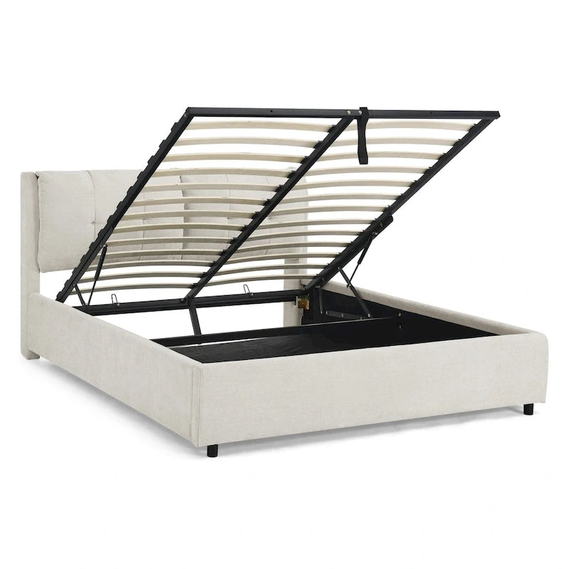 Lit plateforme capitonné Queen avec rangement et tête de lit – Beige/Gris, 2 personnes