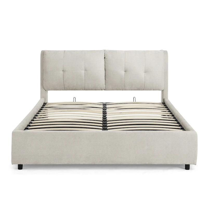 Lit plateforme capitonné Queen avec rangement et tête de lit – Beige/Gris, 2 personnes